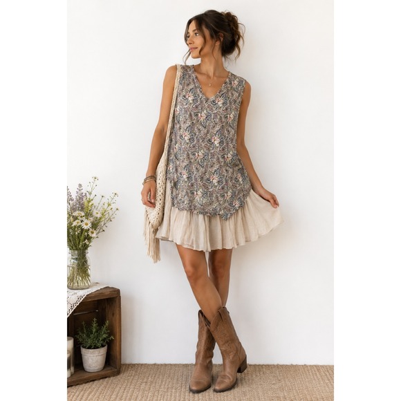 Paisley Vine Dresses & Skirts - Paisley‎ Vine Tunic Dress Womens L Boho Paisley Drop Waist Cottagecore Festival